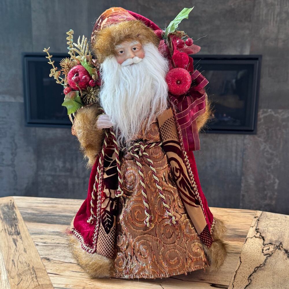 16" Old World Santa Claus Tree Topper Figurine Burgundy Velvet Brocade Fur Trim